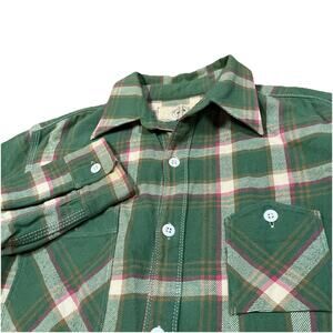 Beams Plus Flannel Green Plaid Button Up Size Small Unique Pocket Americana